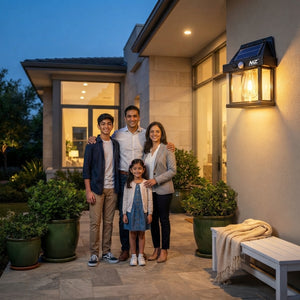 A South Asian family on their home porch illuminated by a glowing solar-powered lantern, creating a secure and peaceful atmos