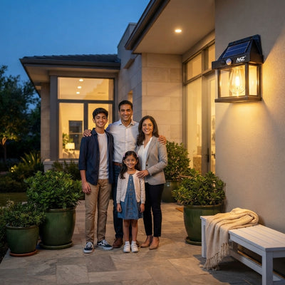 A South Asian family on their home porch illuminated by a glowing solar-powered lantern, creating a secure and peaceful atmos