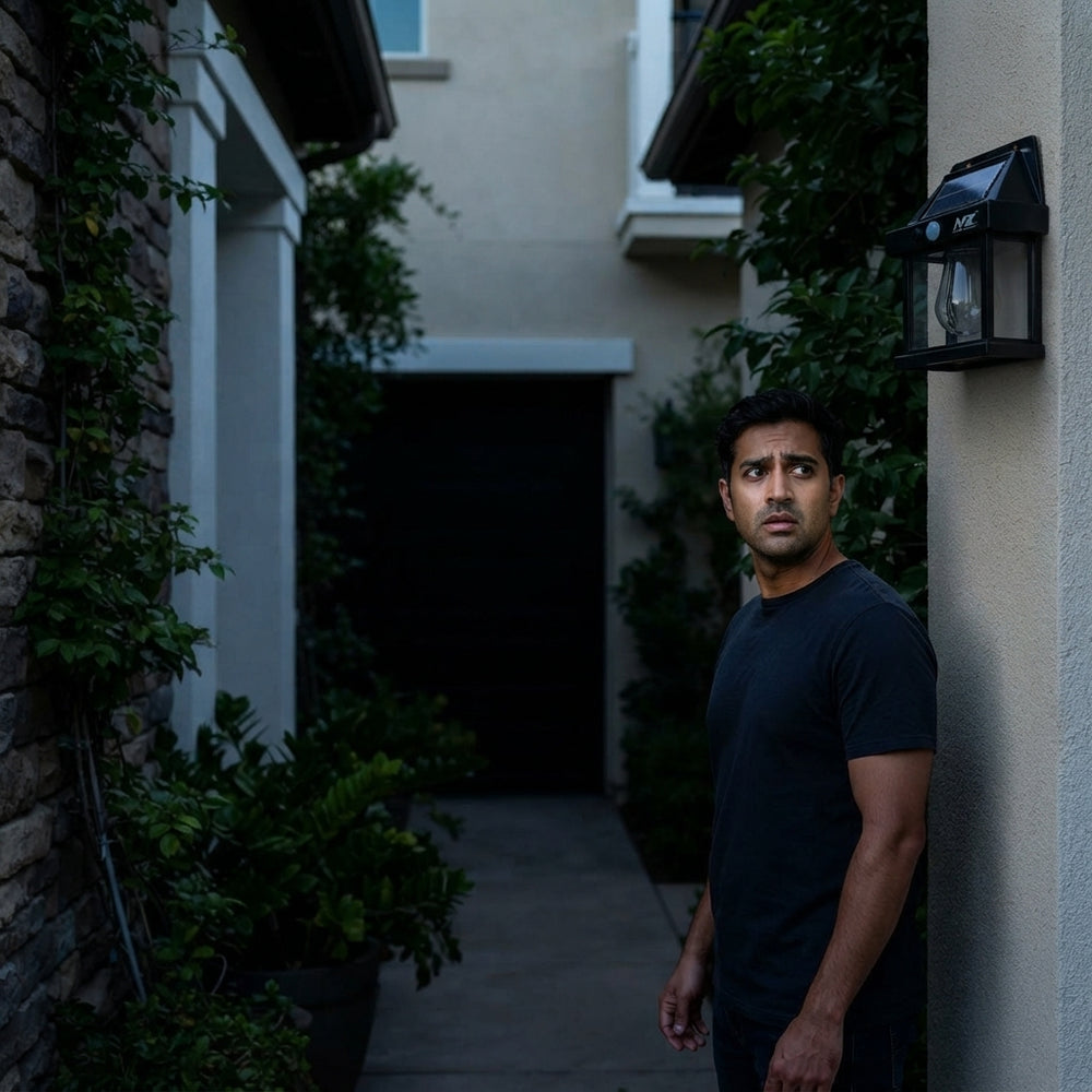 A concerned South Asian homeowner standing in the shadows of a dark villa side path near an unlit garage entrance.